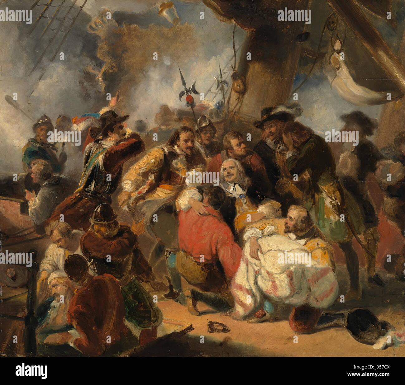 L'image intitulée 'sa 4958 Anno 1676' représente la blessure mortelle de l'amiral néerlandais Michiel de Ruyter lors de la bataille de l'Etna en 1676, un événement important dans l'histoire navale. Banque D'Images