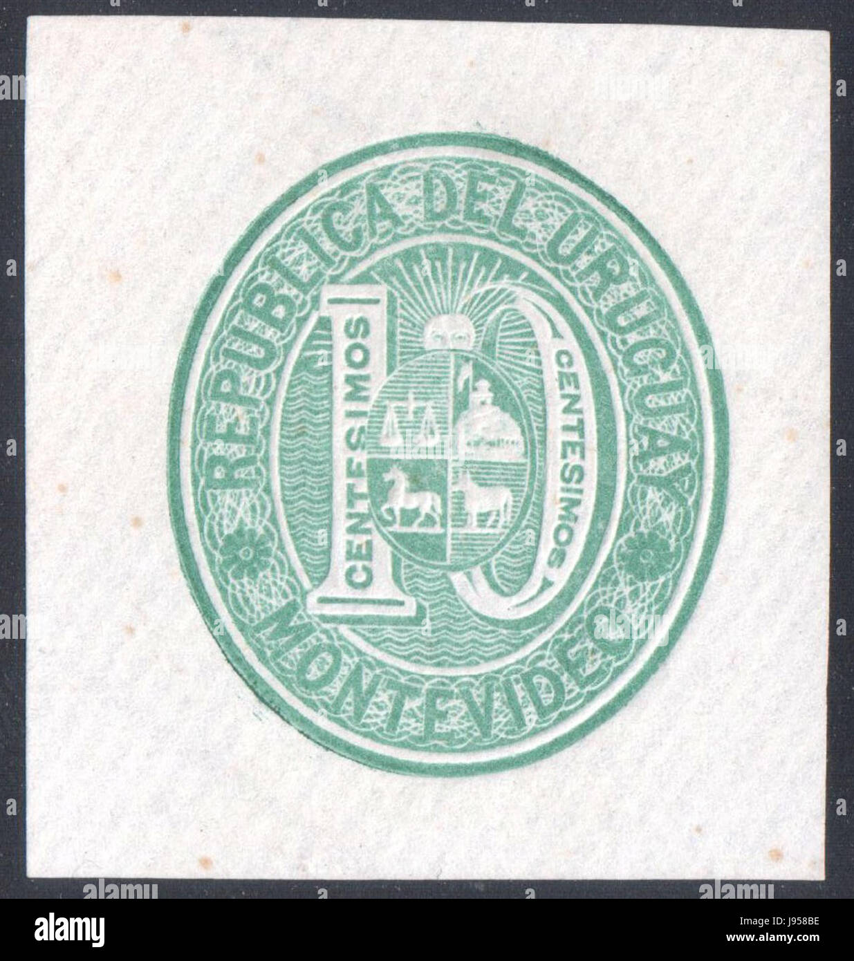 Un timbre-poste carré de l'Uruguay, émis en 1866, montrant l'histoire postale du pays et ses premières conceptions de timbres. Banque D'Images