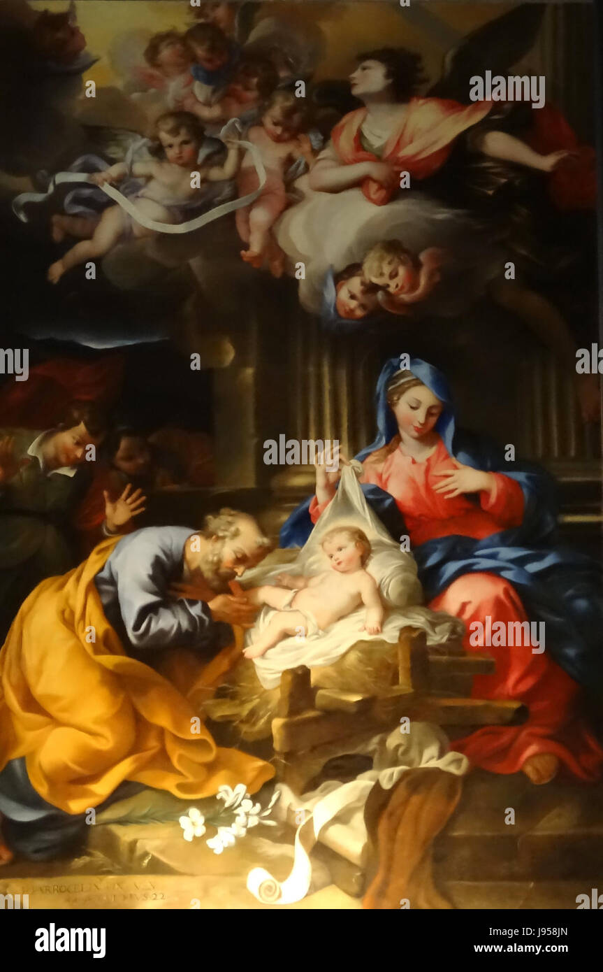 Ce tableau de Pierre Parrocel, créé en 1694, représente Saint Joseph ornant l'enfant Jésus. Le travail de Parrocel met en lumière les thèmes de la piété et de la dévotion, reflétant l'art religieux de la période baroque. Banque D'Images
