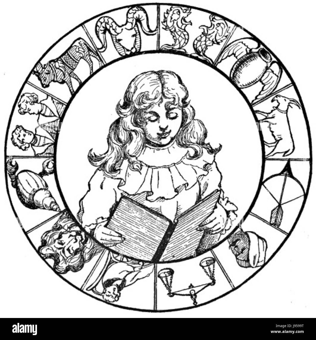 Le frontispice Zodiac Stories est une illustration d'une collection de contes centrés autour des signes du zodiaque. L'œuvre d'art représente visuellement les symboles astrologiques, donnant vie aux histoires. Banque D'Images