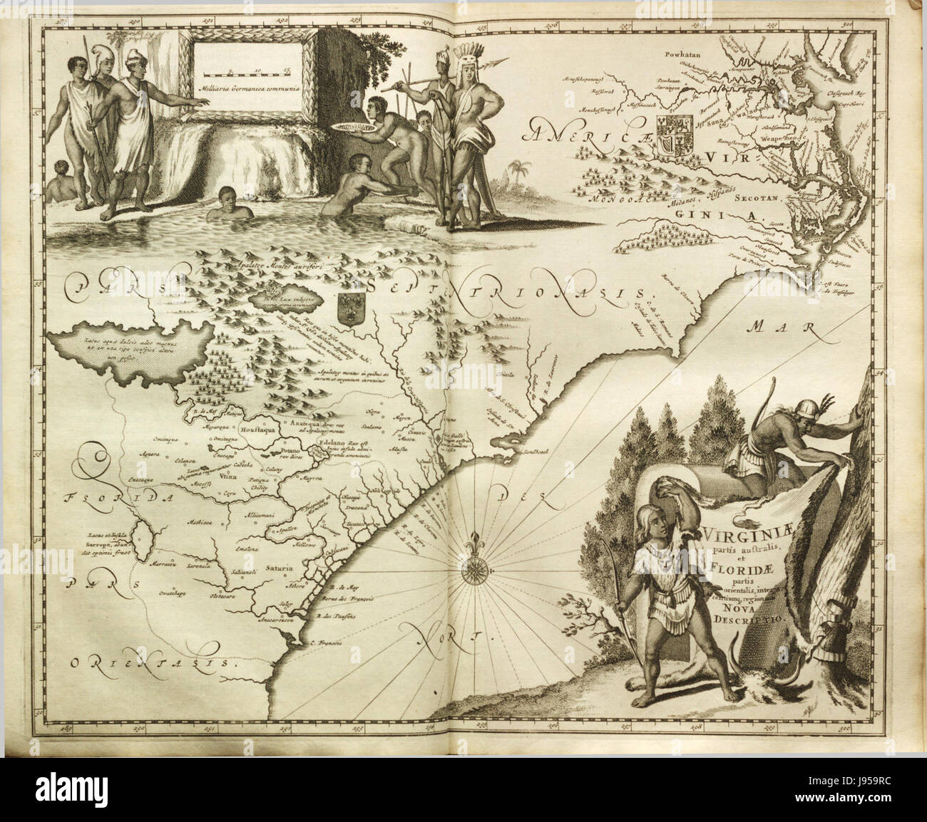 Cette carte représente la partie sud de la Virginie et la partie est de la Floride, offrant une perspective géographique de ces régions à l'époque coloniale en Amérique du Nord. Banque D'Images