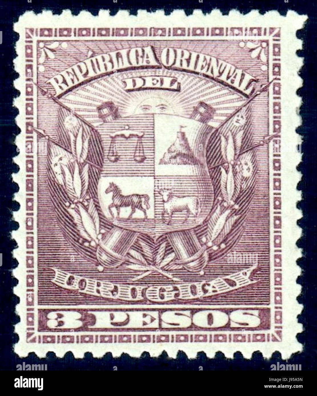 Un timbre émis en Uruguay en 1894, identifié comme Sc107, représentant un morceau de l'histoire postale et du patrimoine philatélique de la nation. Banque D'Images