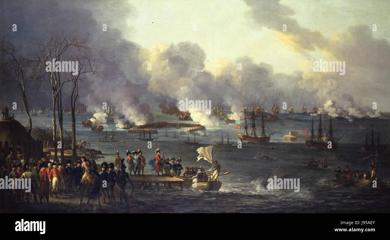 Slaget paa Reden est un célèbre tableau de 1801 représentant la bataille de Copenhague, une confrontation navale importante pendant les guerres napoléoniennes. Le tableau capture la scène dramatique de la flotte britannique engageant la flotte danoise-norvégienne dans les eaux de Copenhague. Banque D'Images