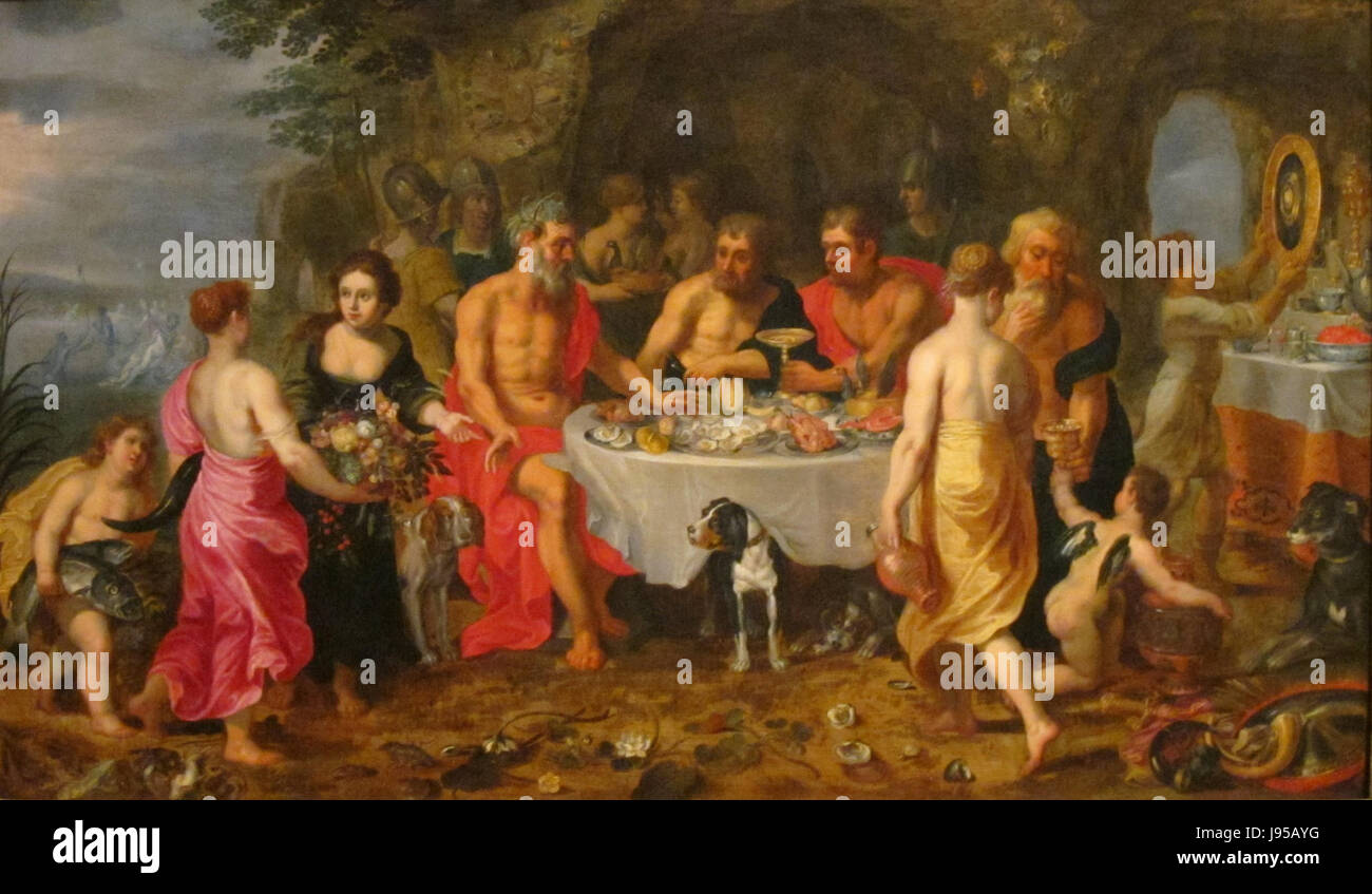 'La fête d'Achelous' est une peinture de Jan Brueghel le jeune et Hendrick van Balen. Il représente une scène mythologique de la mythologie grecque antique, mettant en vedette un banquet organisé par le Dieu du fleuve Achelous. Banque D'Images