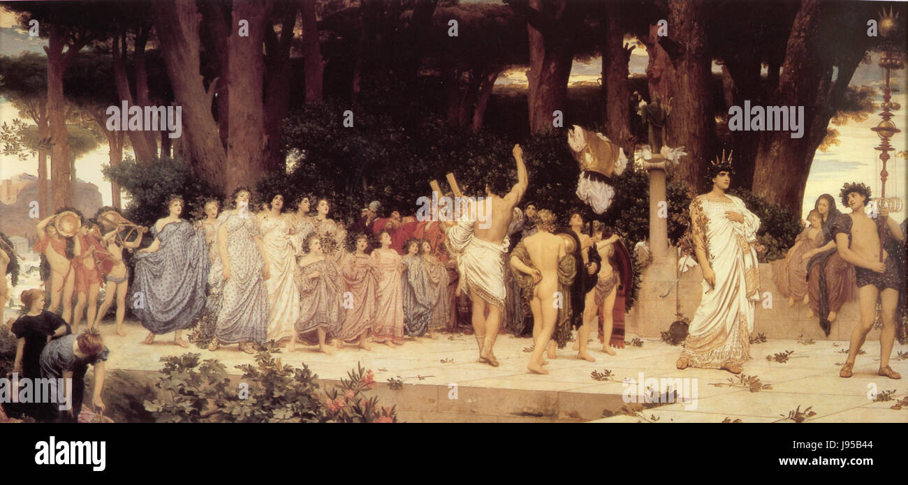 La peinture de Frederic Leighton 'Daphnephoria' de 1876 représente une scène classique inspirée de la mythologie grecque, illustrant la procession cérémonielle de Daphné alors qu'elle est transformée en laurier. Banque D'Images