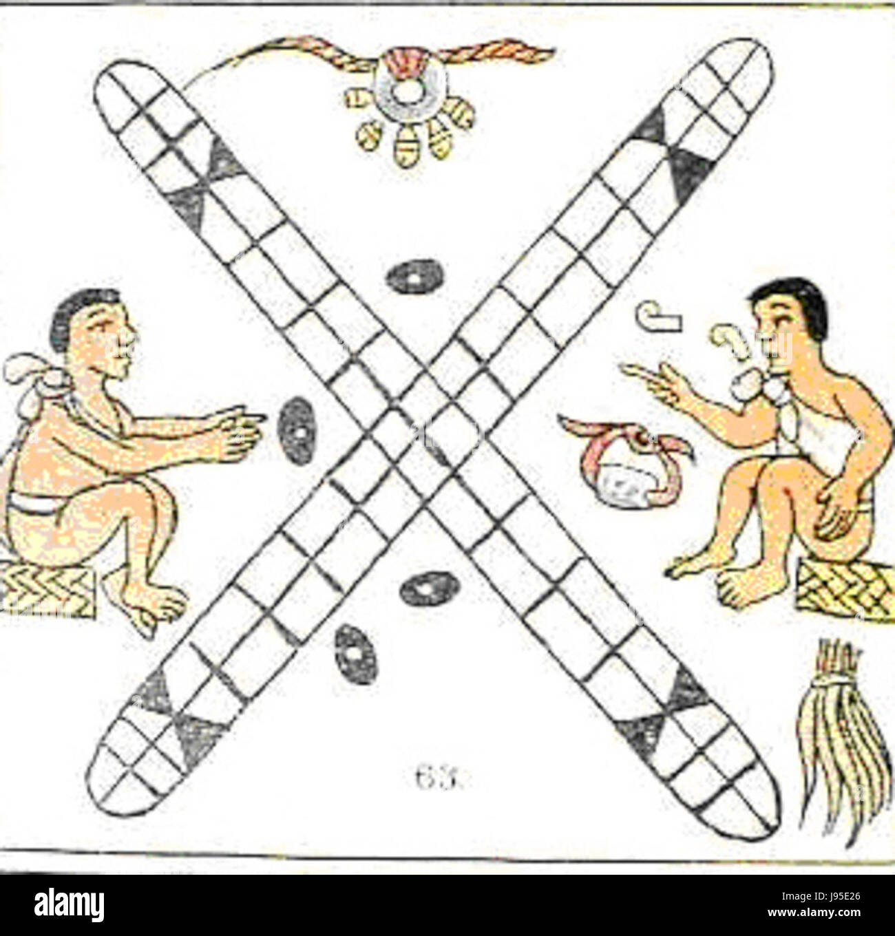 Patolli est un ancien jeu méso-américain joué par les Aztèques et d'autres peuples indigènes du Mexique. Le jeu impliquait une planche et des haricots, utilisés comme pièces de jeu, et était une forme de divertissement et de divination. Banque D'Images