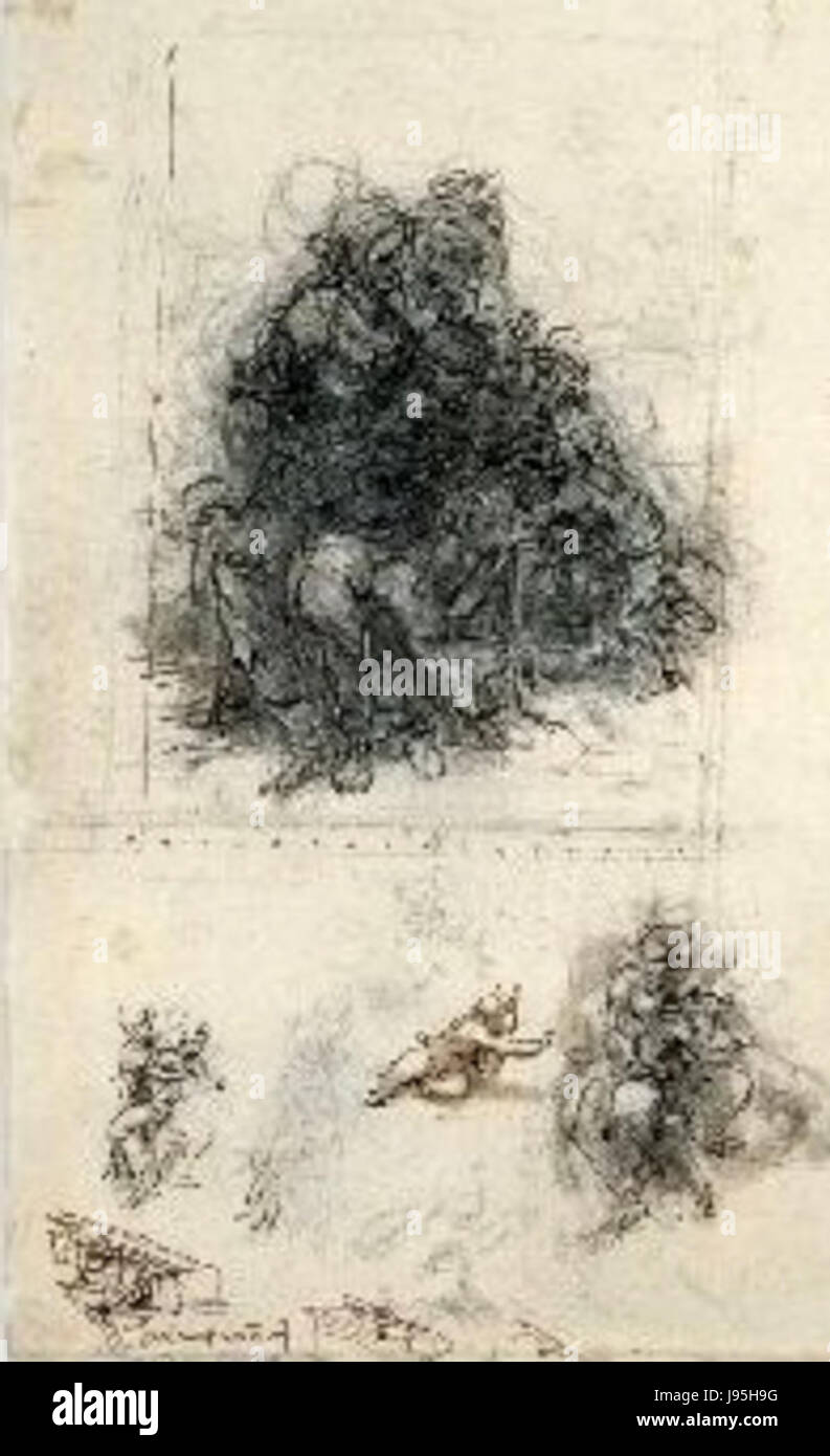 Une collection de croquis préliminaires représentant la Vierge Marie avec l'enfant Jésus et Sainte Anne. Ces études explorent diverses poses et compositions, fournissant un aperçu du processus de l'artiste dans la préparation de l'œuvre finale. Les croquis démontrent l'attention portée aux détails et l'accent mis sur les thèmes religieux dans les classiques Banque D'Images