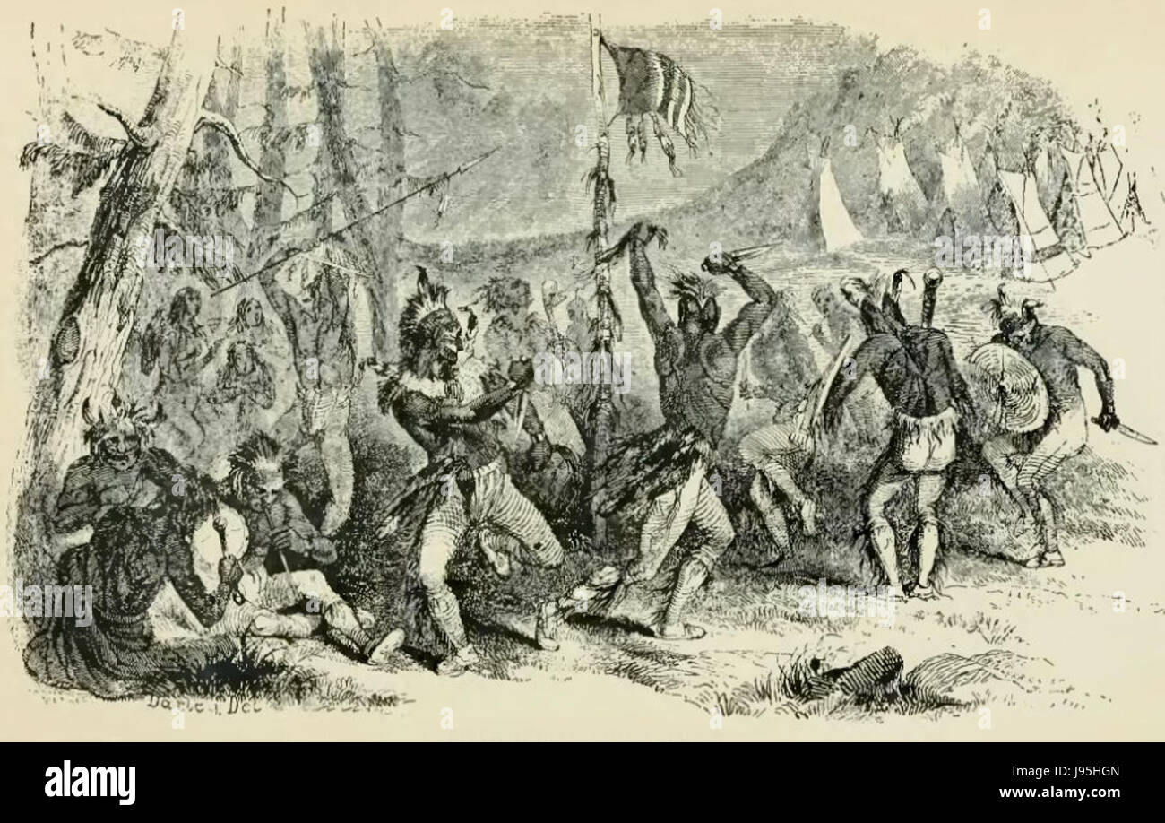 La danse du scalp indien Sioux est un rituel traditionnel des tribus Sioux, historiquement exécutée comme une danse de guerre célébrant les victoires au combat. C'était une partie importante de la culture Sioux, symbolisant la force, la bravoure et la protection de leur peuple. La pratique est liée à leur culture guerrière et à l'histoire de la région de l'Iowa. Banque D'Images