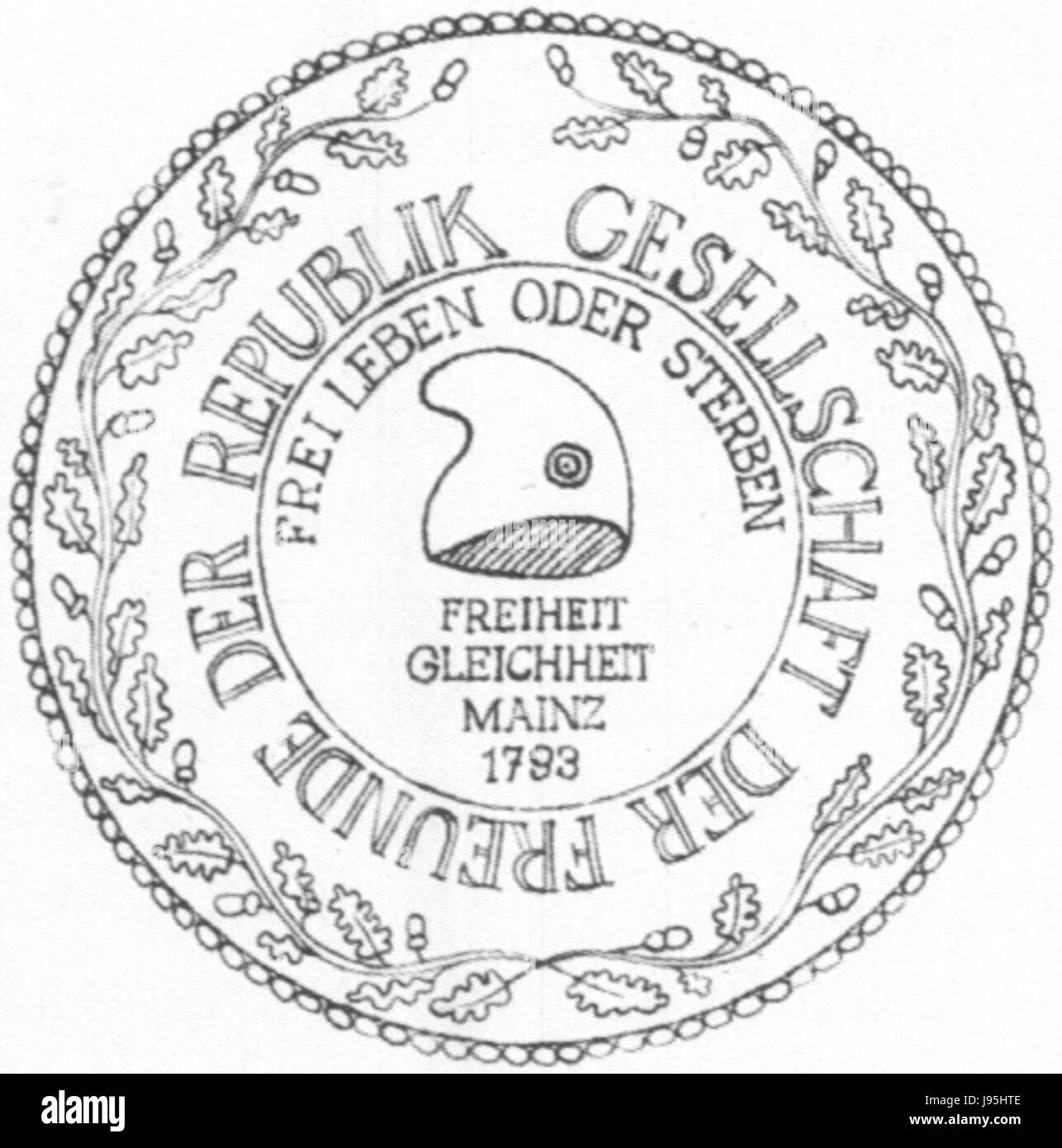 Le sceau du club jacobin de Mayence de 1793 est un emblème associé aux activités politiques et révolutionnaires de la Révolution française. Le club a joué un rôle dans les mouvements politiques radicaux en Allemagne. Banque D'Images Le sceau du club jacobin de Mayence de 1793 est un emblème associé aux activités politiques et révolutionnaires de la Révolution française. Le club a joué un rôle dans les mouvements politiques radicaux en Allemagne. Banque D'Images