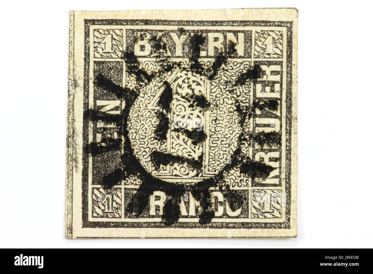 Un kreuzer noir, premier timbre Allemand émis dans le royaume de Bavière Banque D'Images