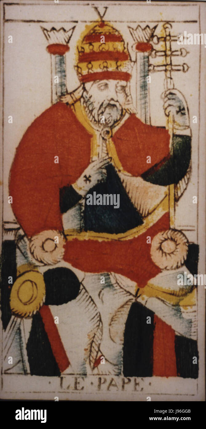 Tarot lame V désigne l'une des 22 cartes d'arcanes majeures d'un jeu de tarot, représentant souvent un thème ou un archétype significatif dans la divination ou l'interprétation symbolique. Banque D'Images