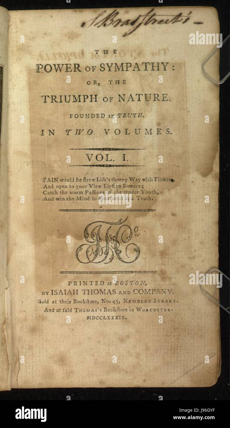 The Power of Sympathy est l'un des premiers romans américains, écrit par William Hill Brown en 1789. Il explore les thèmes de l'amour, de la vertu et des dilemmes moraux au sein de la société américaine primitive. Banque D'Images