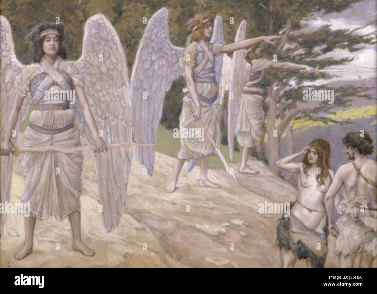 Cette peinture de James Tissot dépeint l'histoire biblique d'Adam et Ève chassés du jardin d'Eden, mettant en valeur un moment dramatique de l'histoire religieuse. Banque D'Images