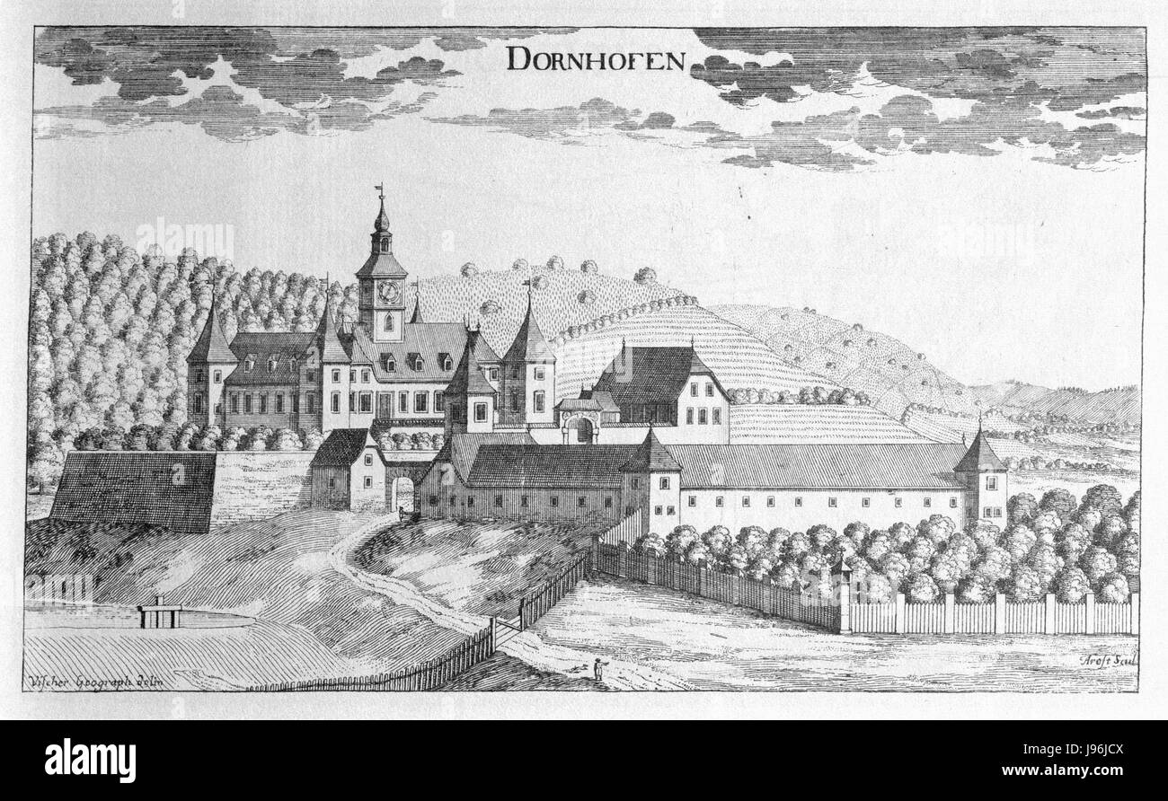 Cette carte de la Vischer Topographia ducatus Stiria illustre la région de Dornhofen près d'Eggersberg en Styrie, Autriche, avec une topographie détaillée et des points d'intérêt. Banque D'Images