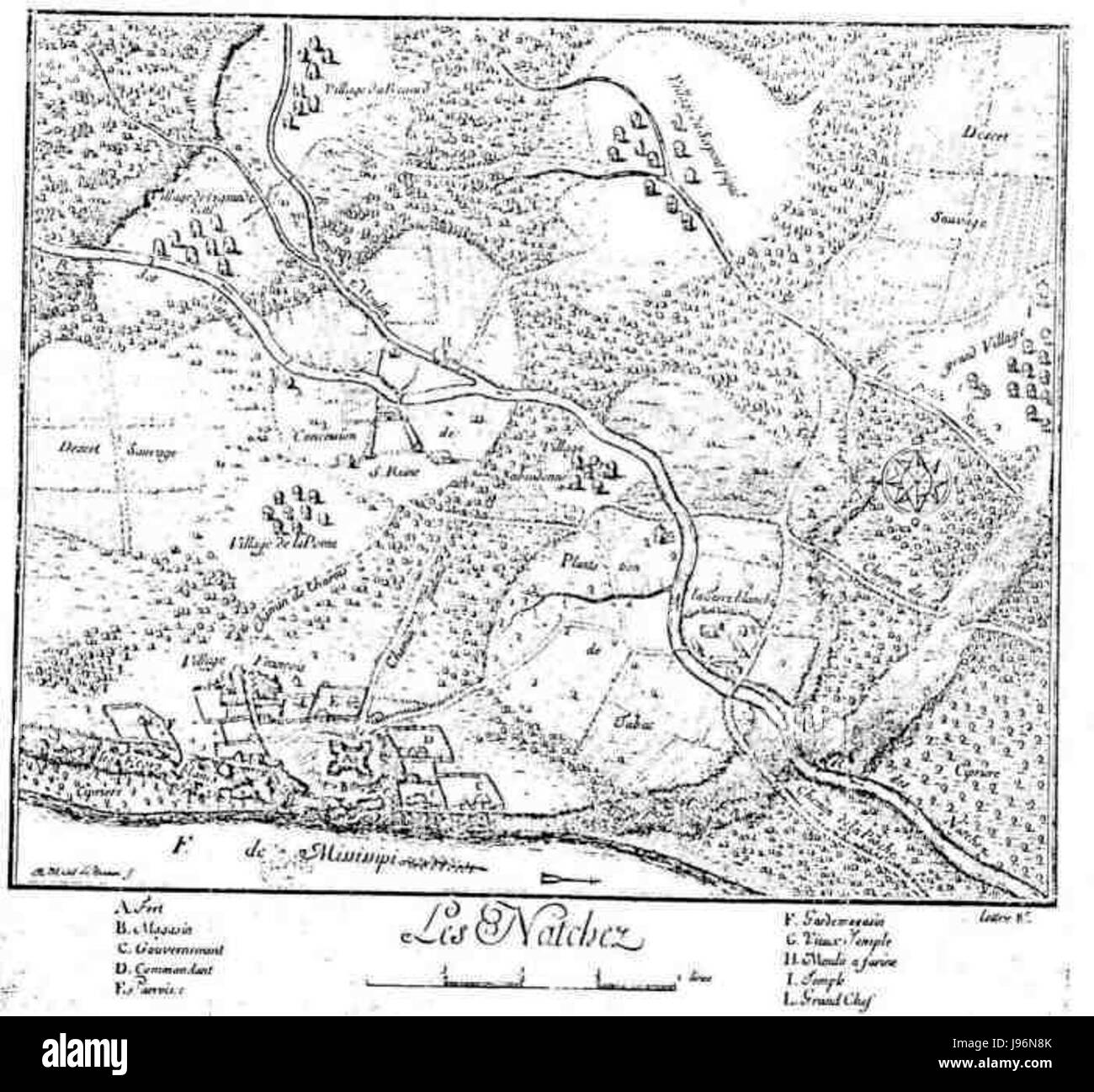 Une carte historique détaillant la disposition et le développement de la colonie de Natchez, fournissant un aperçu géographique et culturel des débuts de l'histoire coloniale américaine. Banque D'Images