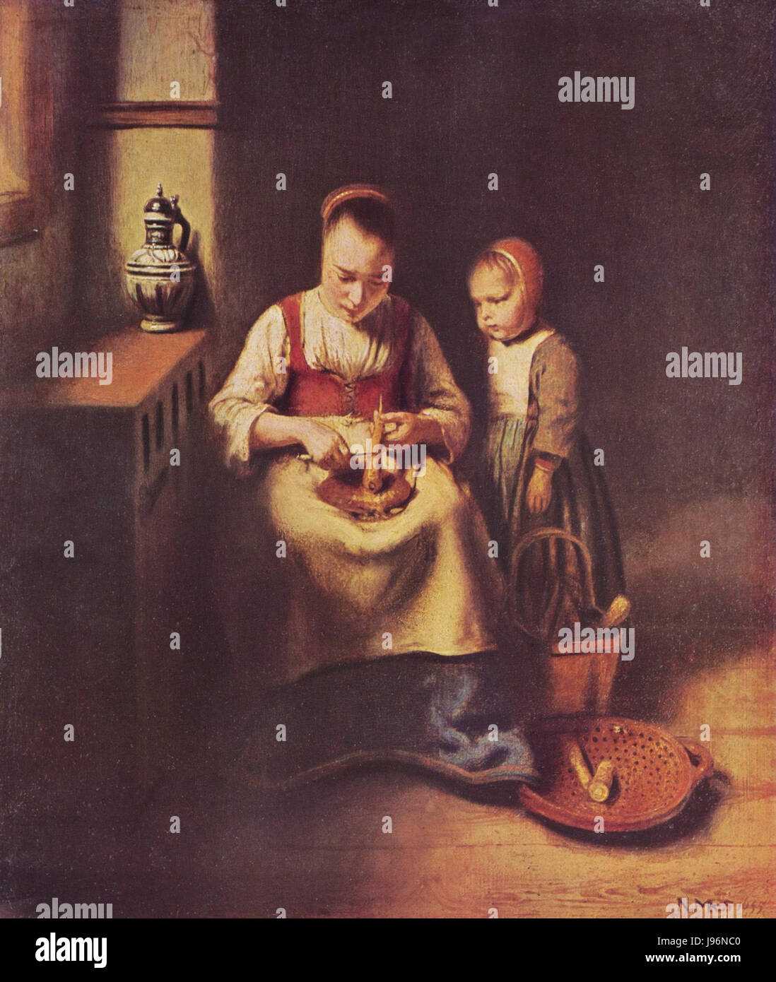 Nicolaes Maes était un peintre néerlandais, connu pour ses représentations réalistes de scènes domestiques et de portraits au XVIIe siècle. Son travail reflète l'âge d'or néerlandais Banque D'Images