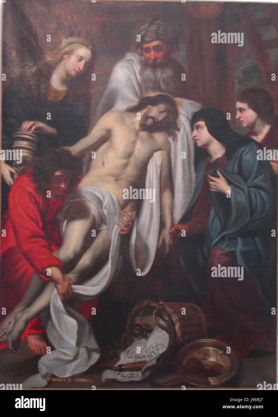 « Descente de croix » de Pieter Van Mol est une œuvre d'art représentant la descente de la croix, une scène charnière du récit de la passion chrétienne. La peinture capture l'intensité émotionnelle et la révérence associées à cet événement religieux. Banque D'Images