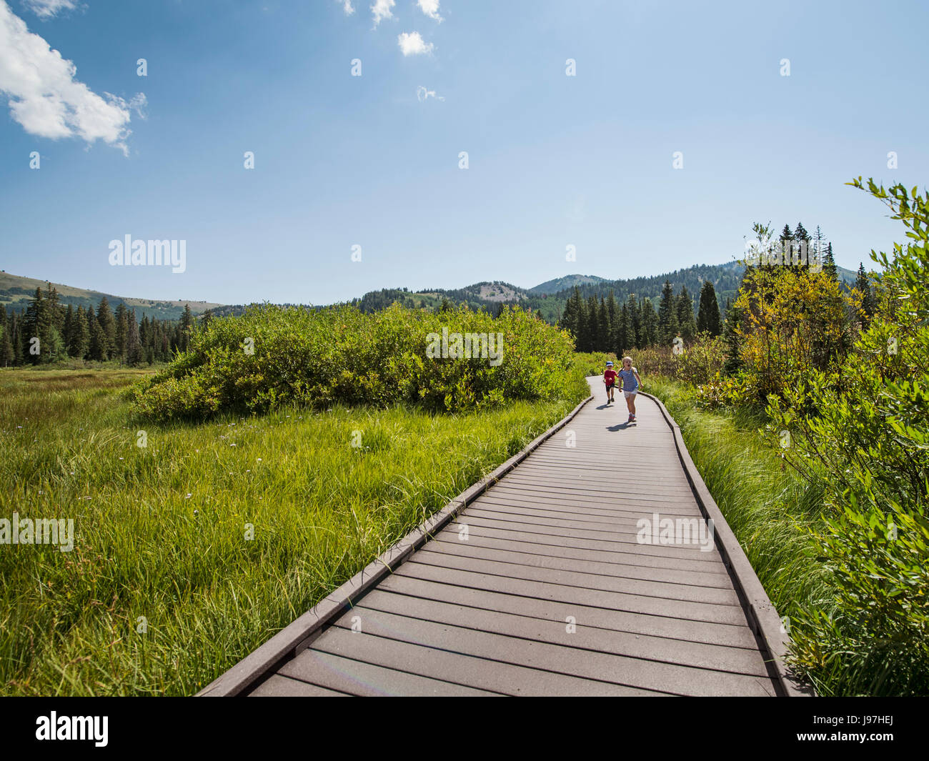 Enfants (4-5) walking on boardwalk Banque D'Images