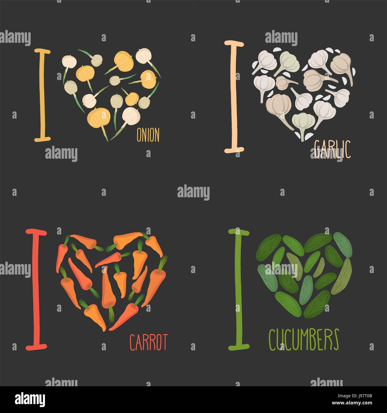 Set : J'adore les légumes : carottes et l'ail. Symbole du cœur de l'oignon et le concombre. Collection de panneaux pour les amateurs de cuisine végétarienne. Illustration de Vecteur