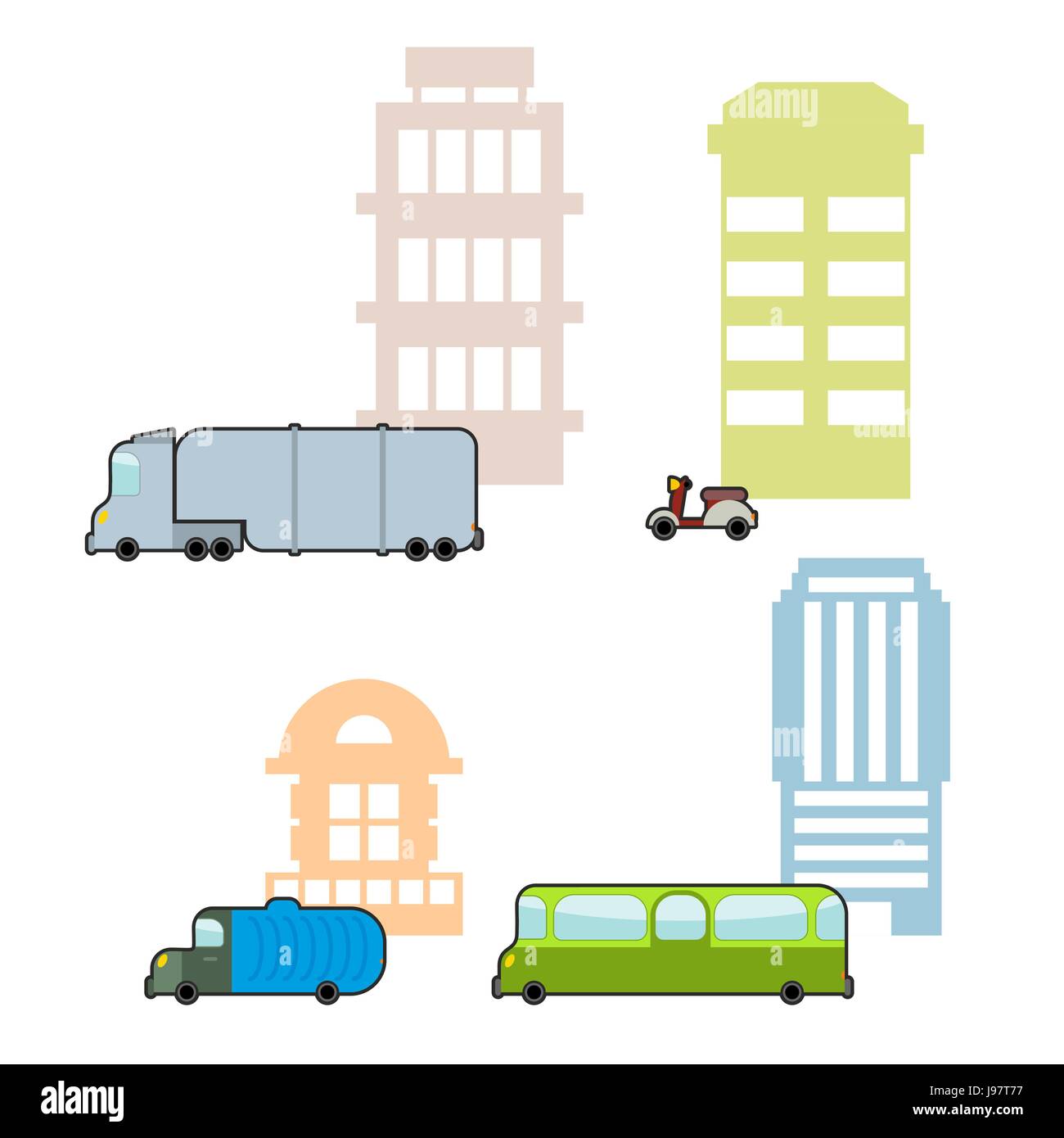 Définir transport municipal et les bâtiments publics. Transport de passagers par autobus et de gratte-ciel. Déchets et recyclage usine. Scooter et bâtiment universitaire. Illustration de Vecteur