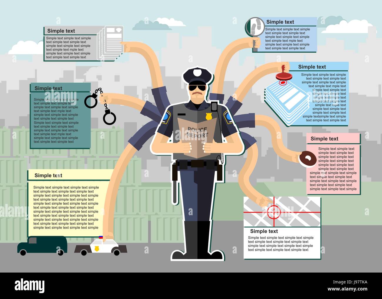 Infographie de la police. Au travail de la police. Le temps de travail. Le service dans la police. Enquête, l'arrestation, Chase, crime, recherchez, donut. Homme en uniforme Illustration de Vecteur