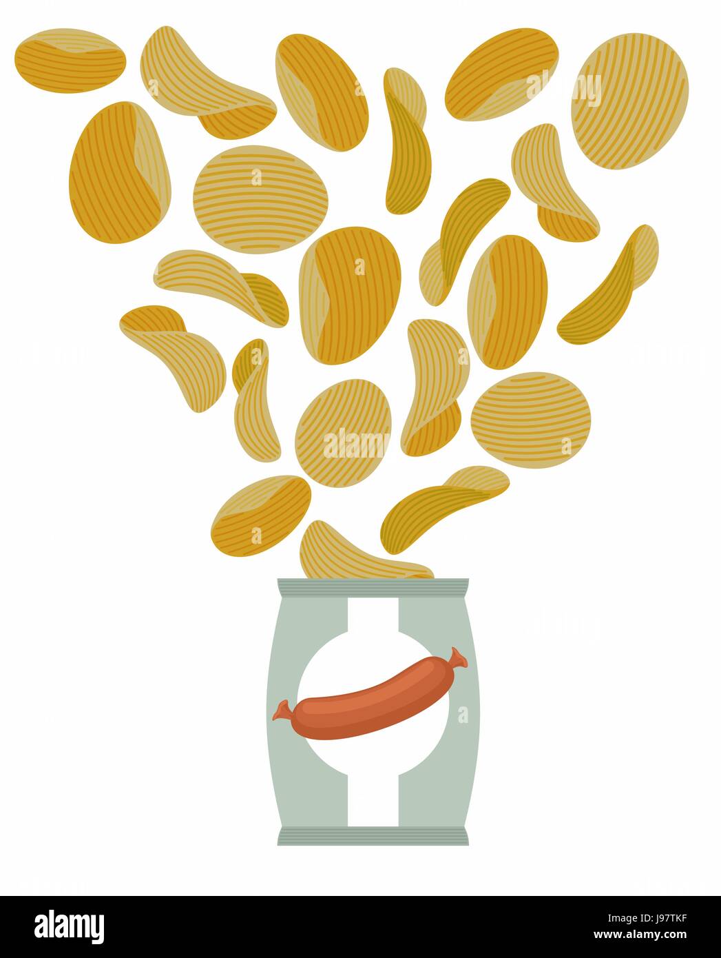 Croustilles de pommes de terre un goût de saucisse. L'emballage, sac de chips sur un fond blanc. Plaquettes de prendre l'avion à partir de l'emballage. Illustration vecteur alimentaire. Illustration de Vecteur