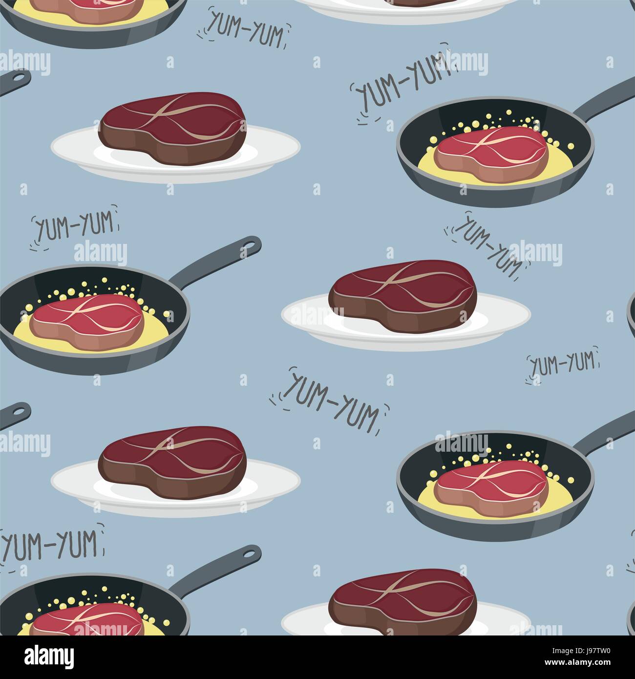 Steak de vache sur une assiette. Escalope de porc à la poêle. Modèle sans couture de la viande. Yum-Yum. Vector illustration. Filet de fond Illustration de Vecteur