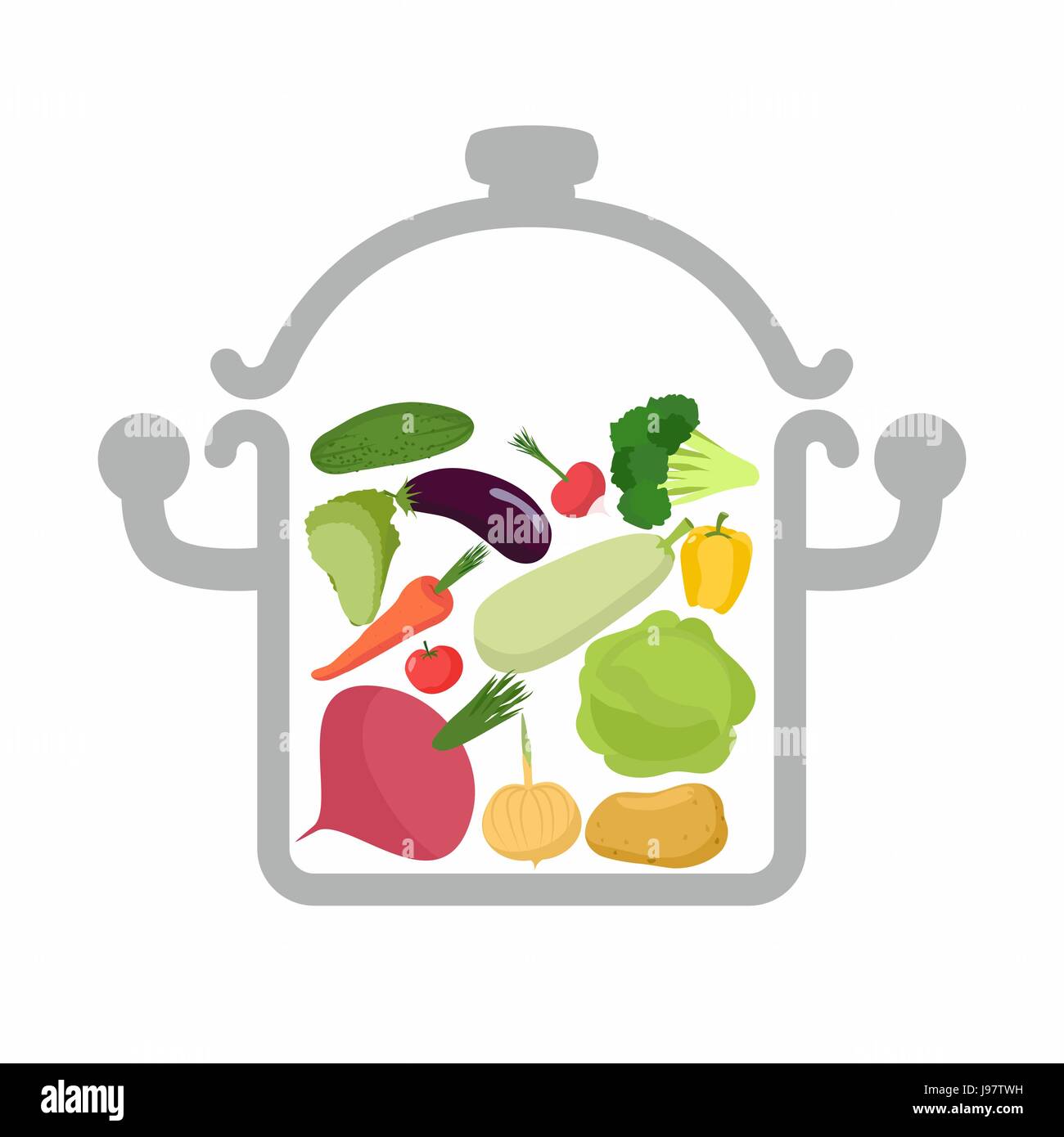 Les légumes dans une casserole. Logo pour un menu végétarien. Utile et des aliments sains. Les betteraves cuites et les courges. Cuire les légumes dans une casserole. Un ensemble de modules Illustration de Vecteur