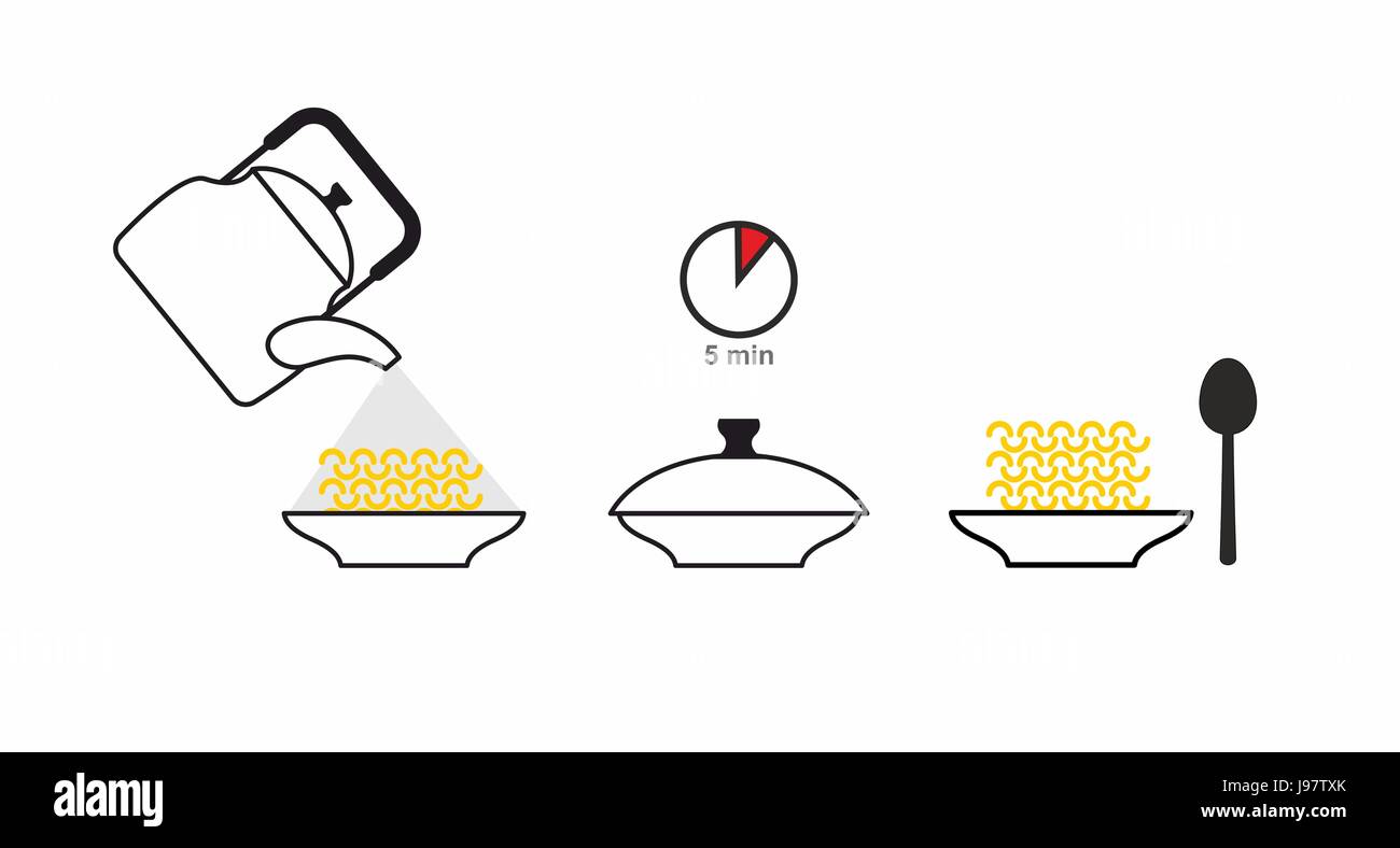 Cuites Instructions de la cuisine rapide de pâtes. Verser de l'eau bouillante dans un bol et podozhdat.Obed prêt. Vekton illustration Illustration de Vecteur