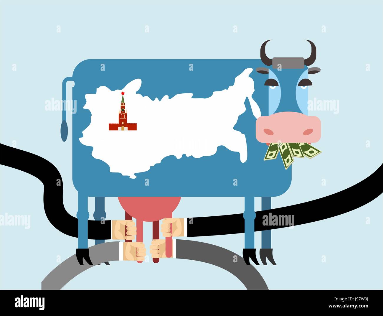 Vache mange de l'argent, les dollars. Carte de la Russie Moscou Kremlin sur la peau de vache. Part traire une vache pour pis. Illustration allégorique pour magazine. Farm anim Illustration de Vecteur