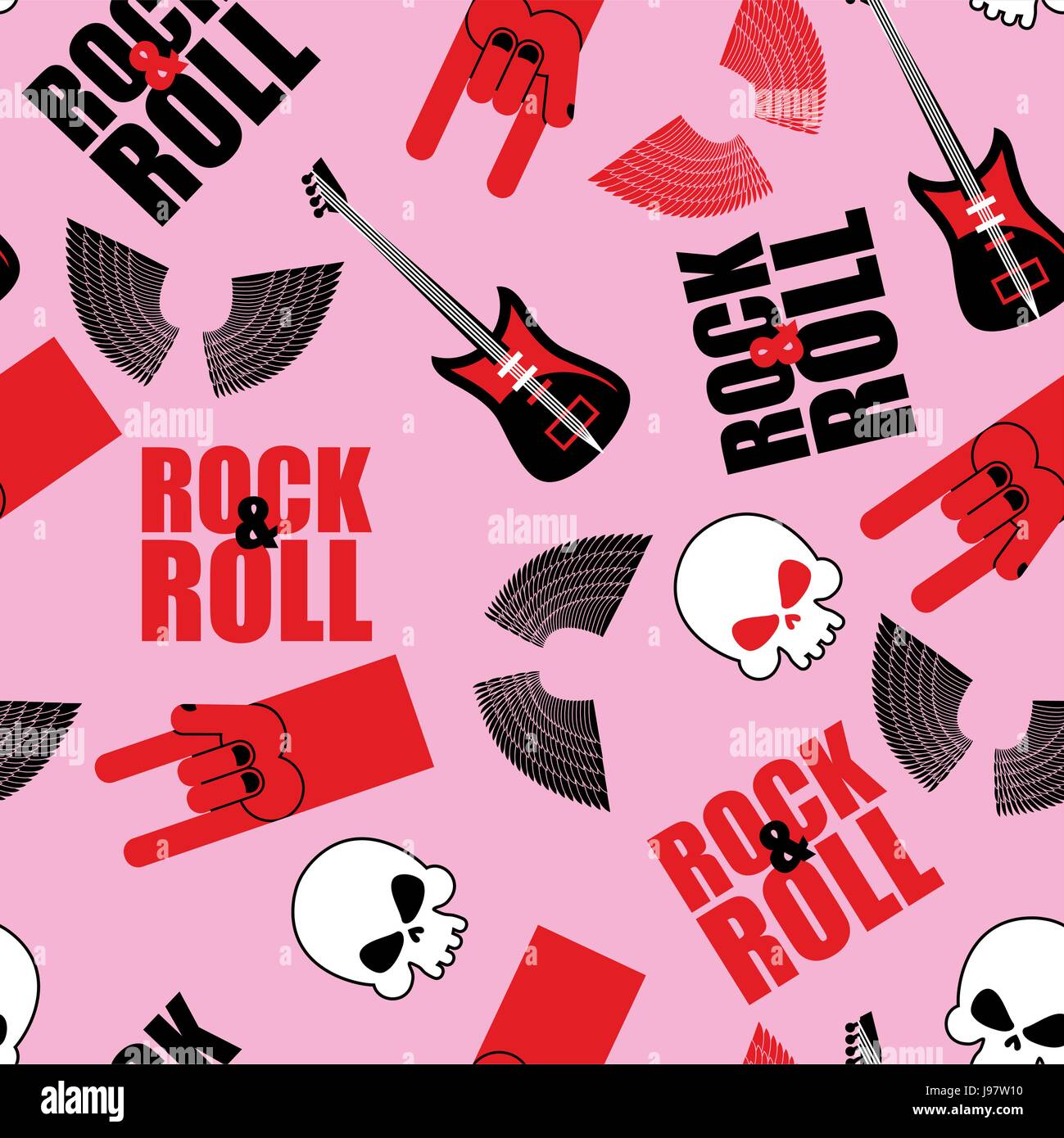 Rock and Roll seamless pattern. Symbole de la musique rock. Arrière-plan de guitares et des ailes. Rock part signer et un crâne. La texture de tissu. Illustration de Vecteur