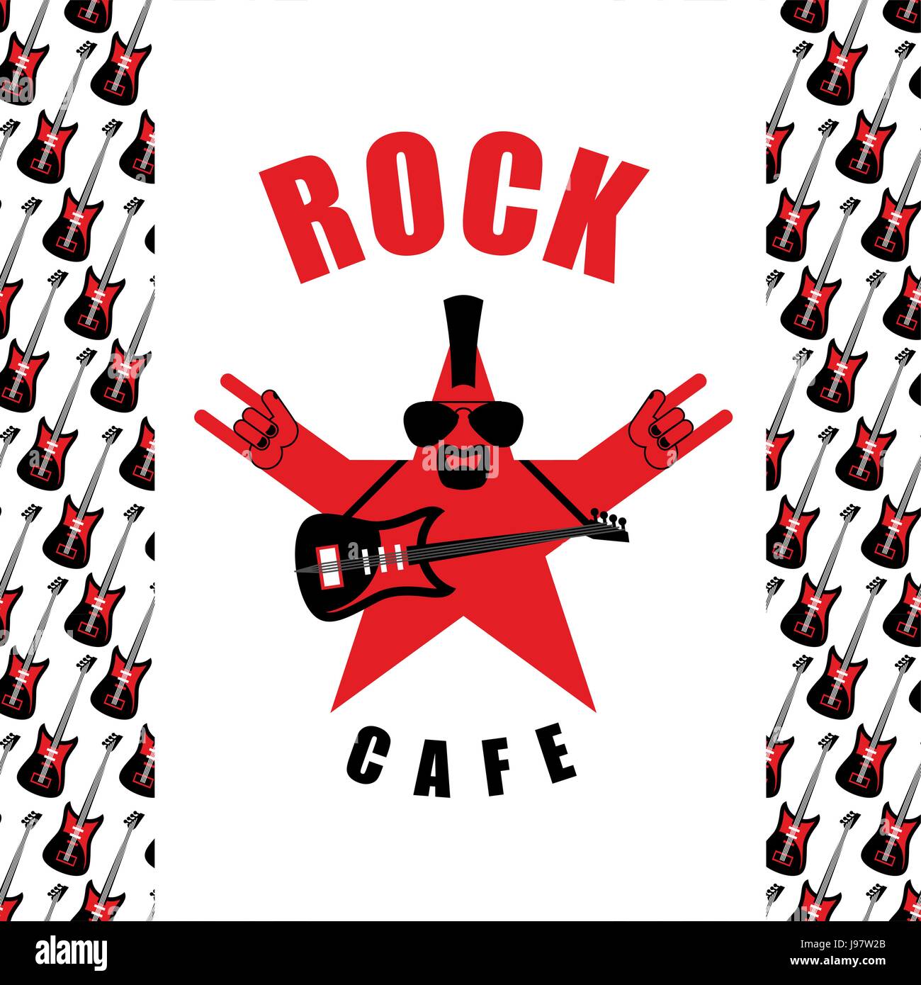 Rock Cafe. Modèle de logo pour la musique rock bar. Star avec l'électro et guitare rock signe la main. Illustration de Vecteur