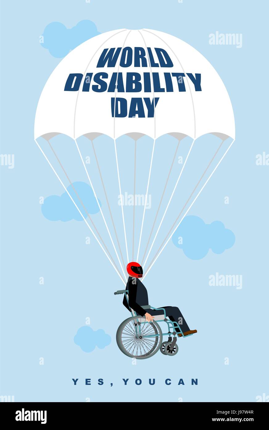 Journée mondiale de handicap. L'homme en fauteuil roulant va vers le bas sur le parachute. Mobilité en casque de protection des mouches. Oui, vous pouvez. Pour l'affiche de la Journée internationale de Illustration de Vecteur