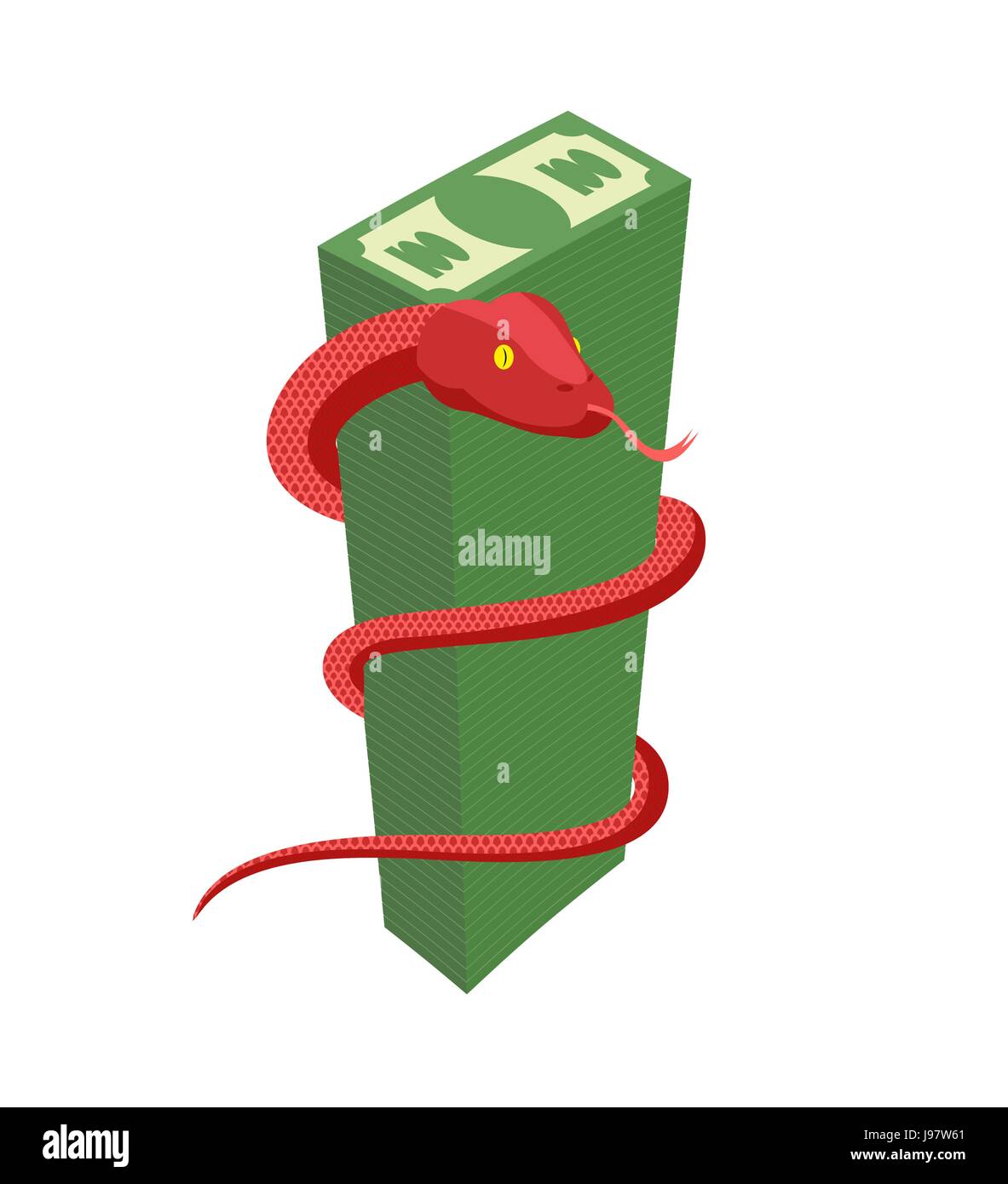 Serpent rouge entoure gros tas d'argent. Cobra et de dollars. Reptiles dangereux protège l'argent comptant. Vector illustration Illustration de Vecteur