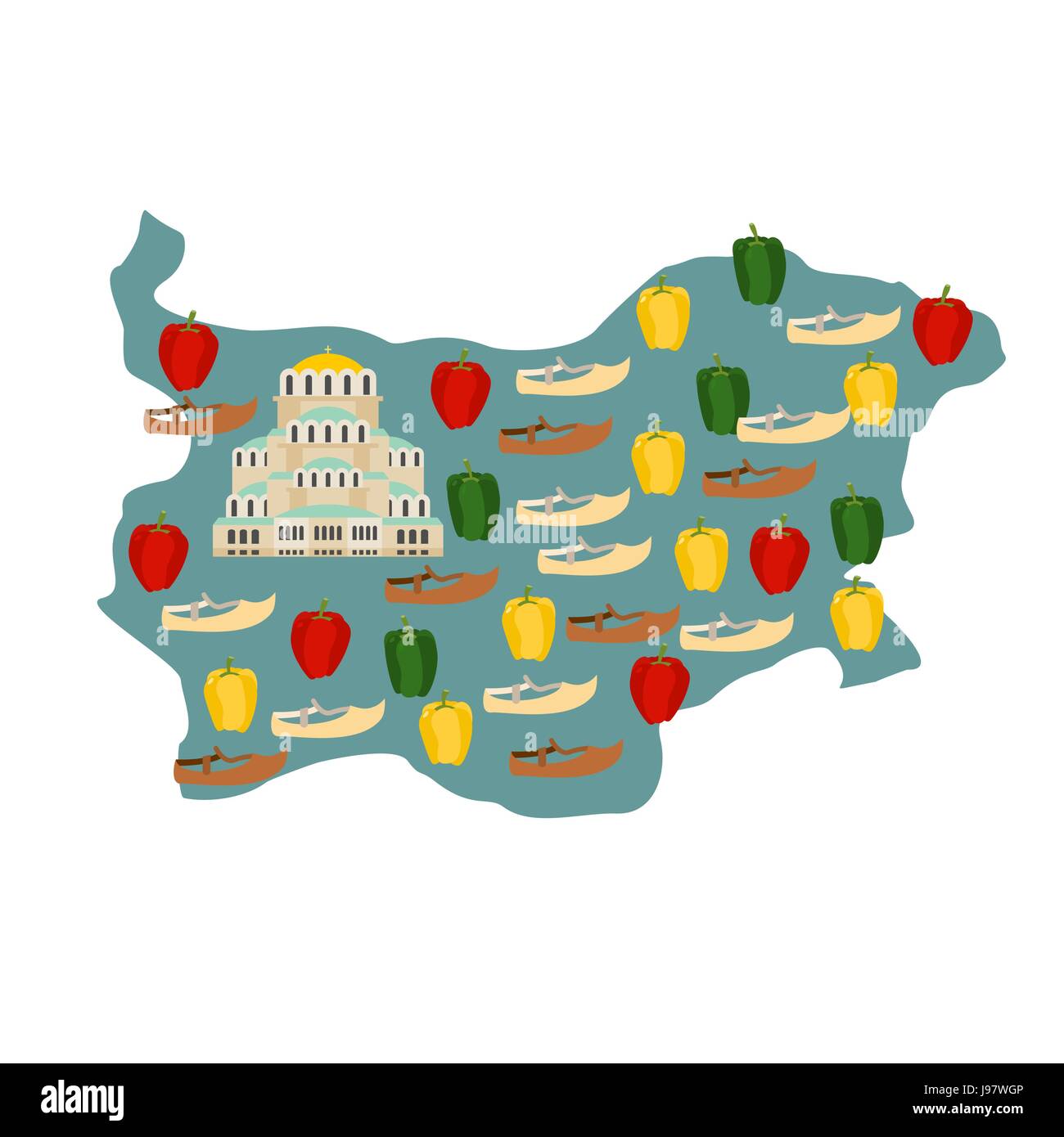 Carte de la Bulgarie avec la cathédrale Alexandre Nevski à Sofia. Sites touristiques de pays : poivre couleur bulgare et les chaussures. Illustration de Vecteur