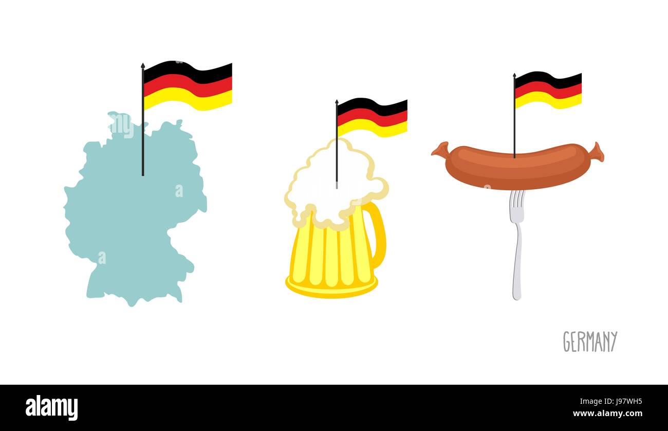 Icônes Set symbole allemand. La carte et drapeau allemand. La bière et les saucisses. Fabriqué en Allemagne. Vector illustration Illustration de Vecteur