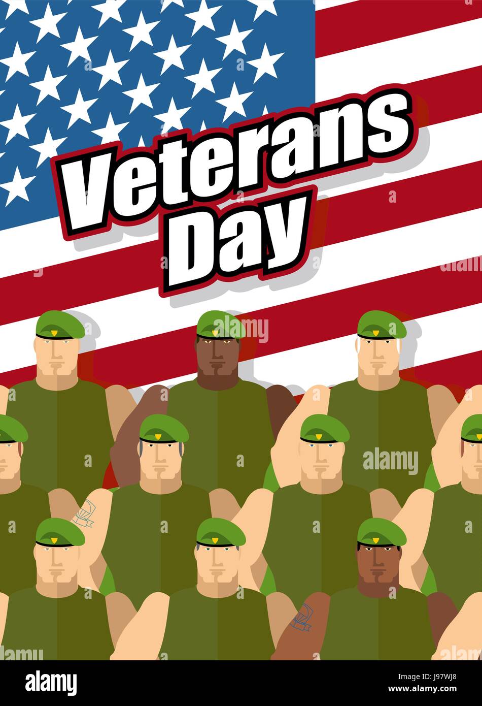 Journée des anciens combattants. Les soldats américains sont sur fond de drapeau des États-Unis. Vector illustration patriotique pour la fête nationale. Illustration de Vecteur