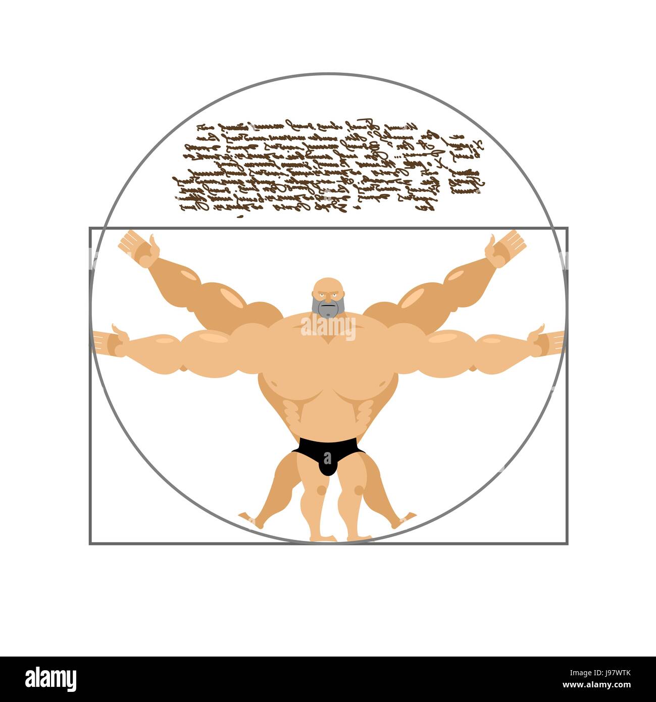 Homme fort de Vitruve bodybuilder. Illustration de Léonard de Vinci dans le style cartoon. Illustration de Vecteur