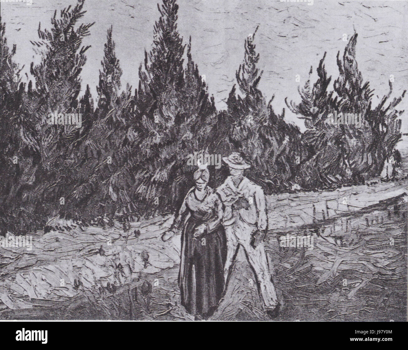 Cette peinture intitulée 'Zypressenweg mit Liebespaar' de Van Gogh présente un chemin de cyprès avec un couple dans le jardin, capturant les couleurs vibrantes et les émotions caractéristiques du style de Van Gogh. Banque D'Images