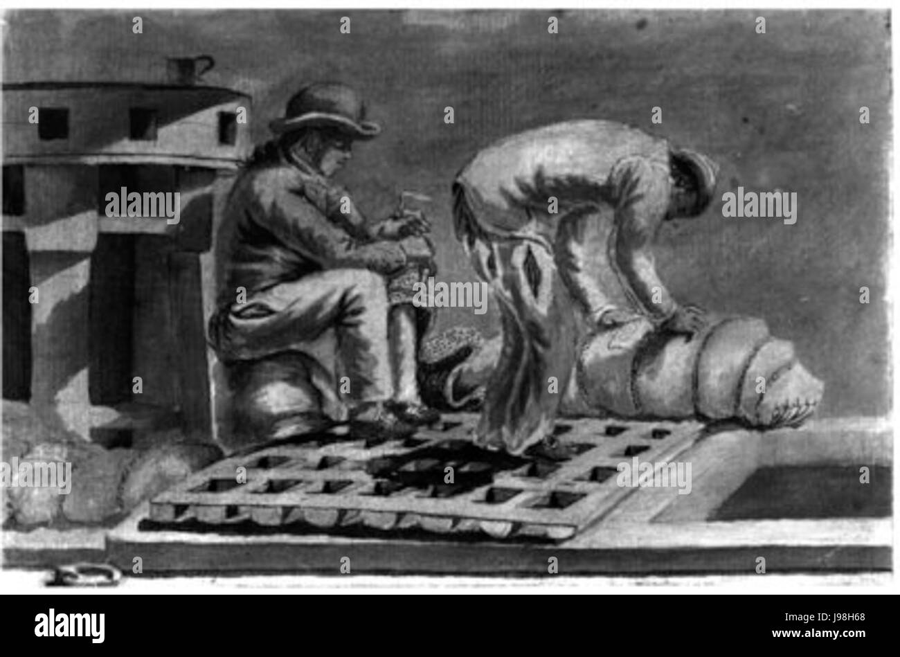 Cette illustration montre un voilier marquant ou billettant des hamacs à bord du navire *Pallas*. Le processus était essentiel pour organiser et préparer les hamacs pour les marins lors de longs voyages au XVIIIe siècle. Banque D'Images