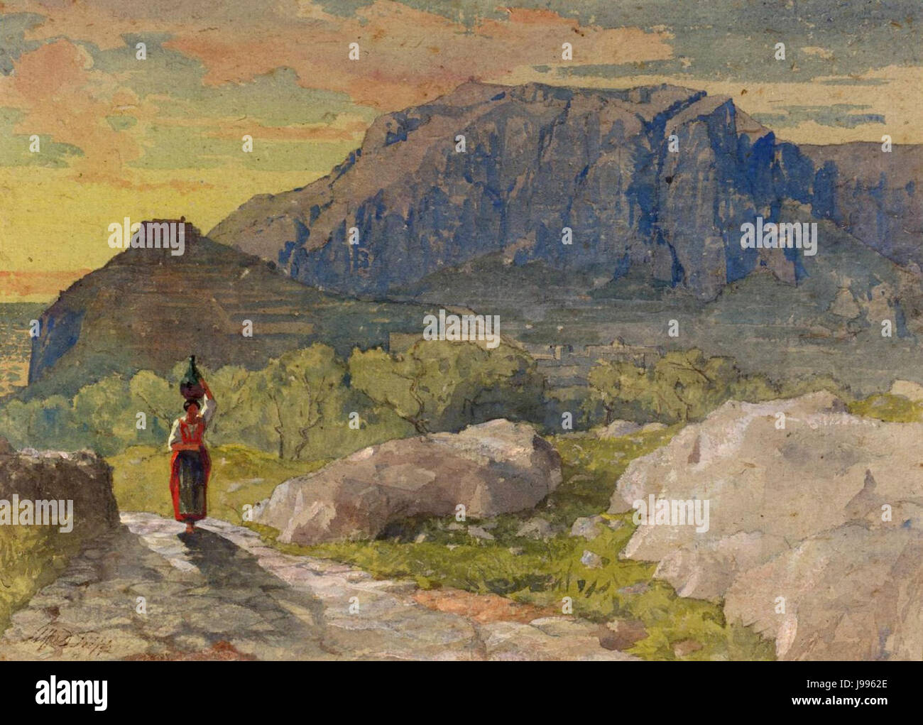 Paysanne dans un paysage montagneux par Alfred Downing Fripp Banque D'Images