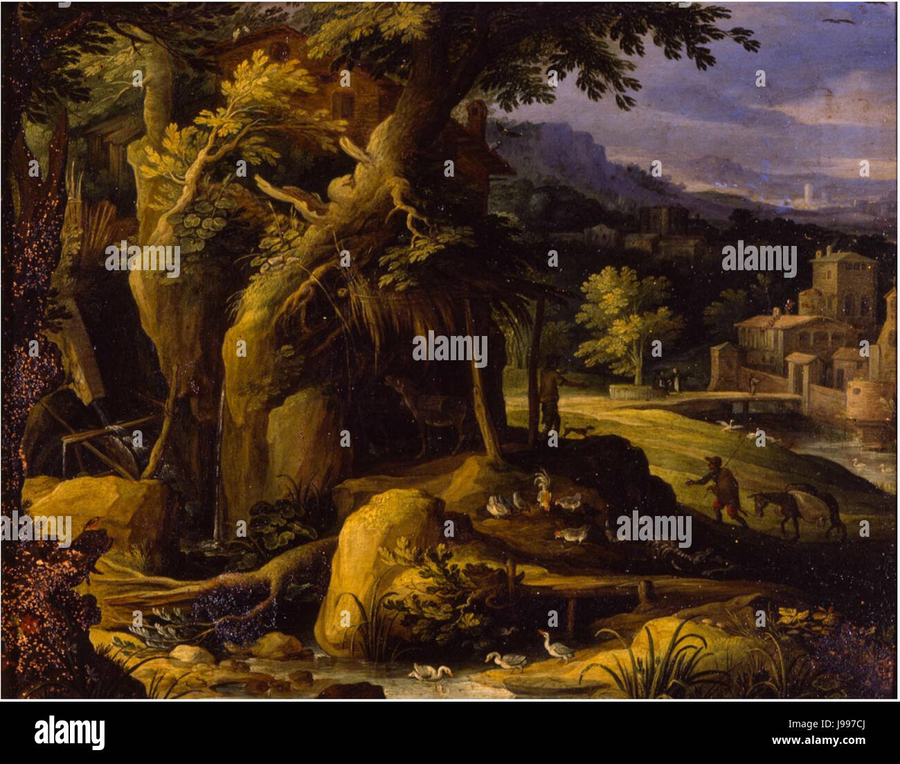 Paul Bril Paysage de forêt avec des animaux, d'une rivière et d'un couvent Banque D'Images