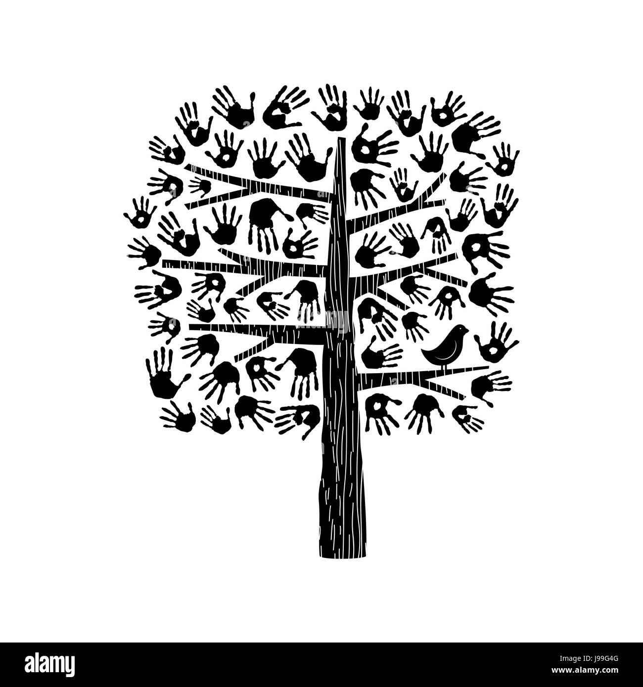 Un coup de main, faites d'arbres de diverses empreintes de mains et d'oiseau. Communauté aide concept illustration. Vecteur EPS10. Illustration de Vecteur