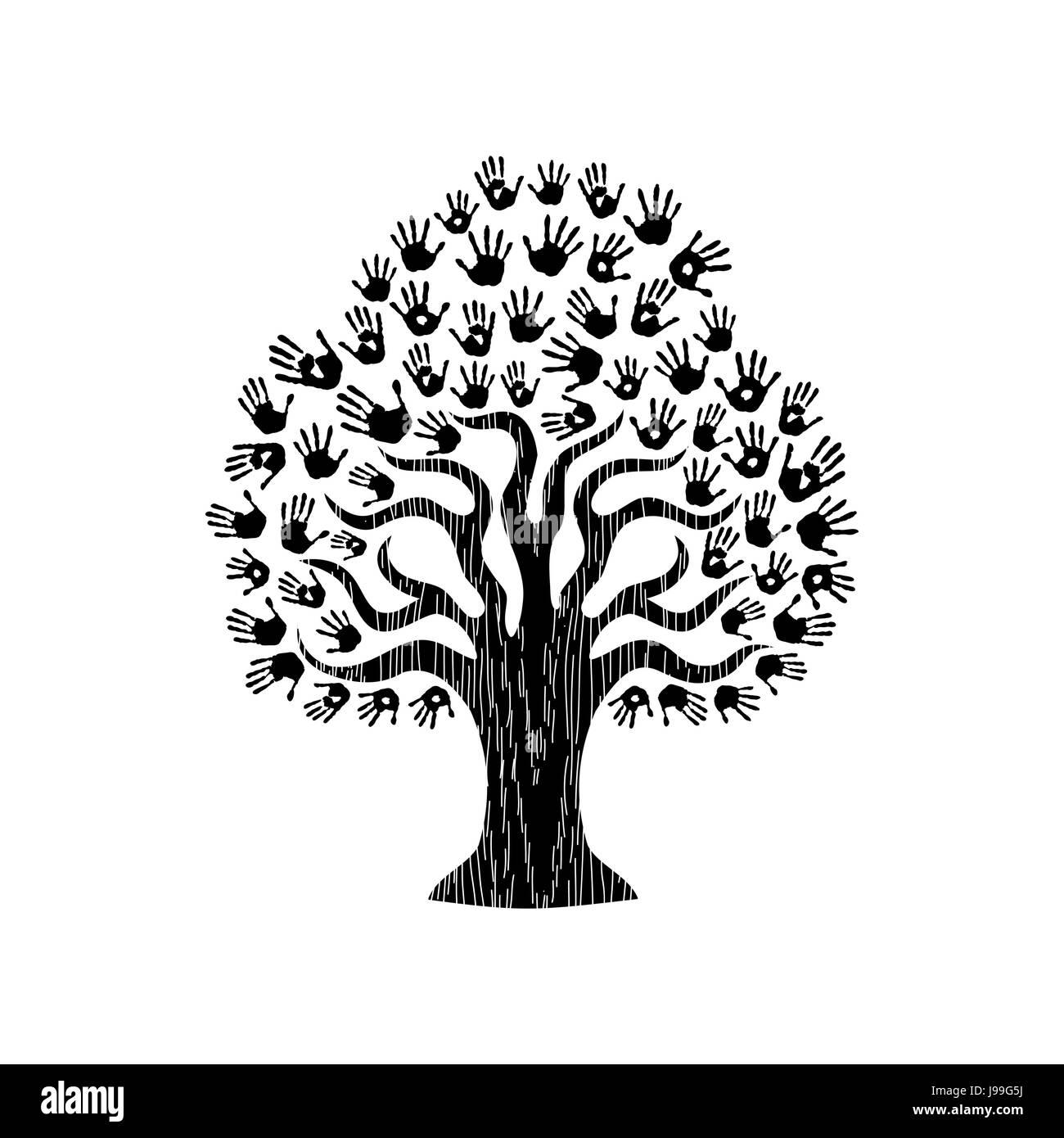 Mains d'arbre communauté diversifiée. Noir et blanc isolé l'illustration de l'aide sociale, concept de charité ou des travaux de groupe. Vecteur EPS10. Illustration de Vecteur