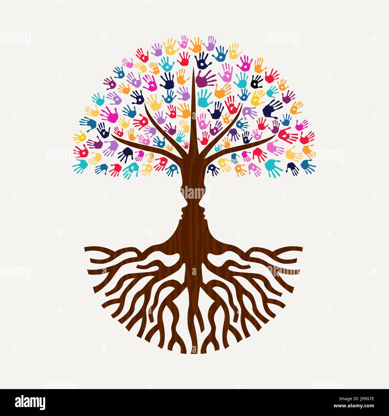 Arborescence constituée de colorful hand imprimer l'art avec des visages d'ossature. Communauté diversifiée concept pour l'aide sociale, l'environnement ou l'organisme de bienfaisance. Vecteur EPS10. Illustration de Vecteur