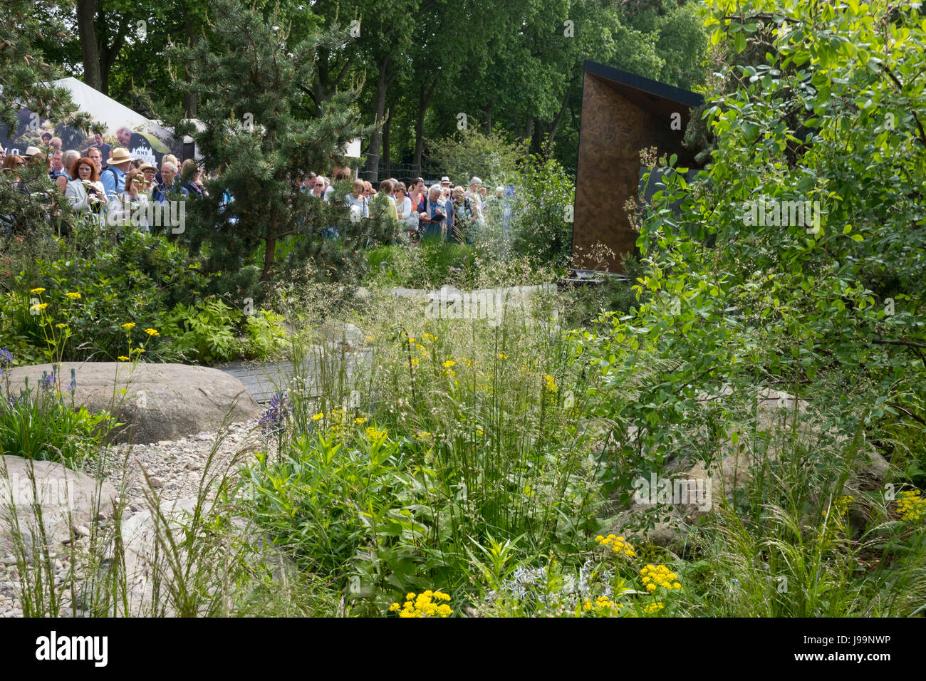 Les visiteurs autour de la Banque Royale du Canada au Jardin RHS Chelsea Flower Show 2017, Londres, Royaume-Uni Banque D'Images