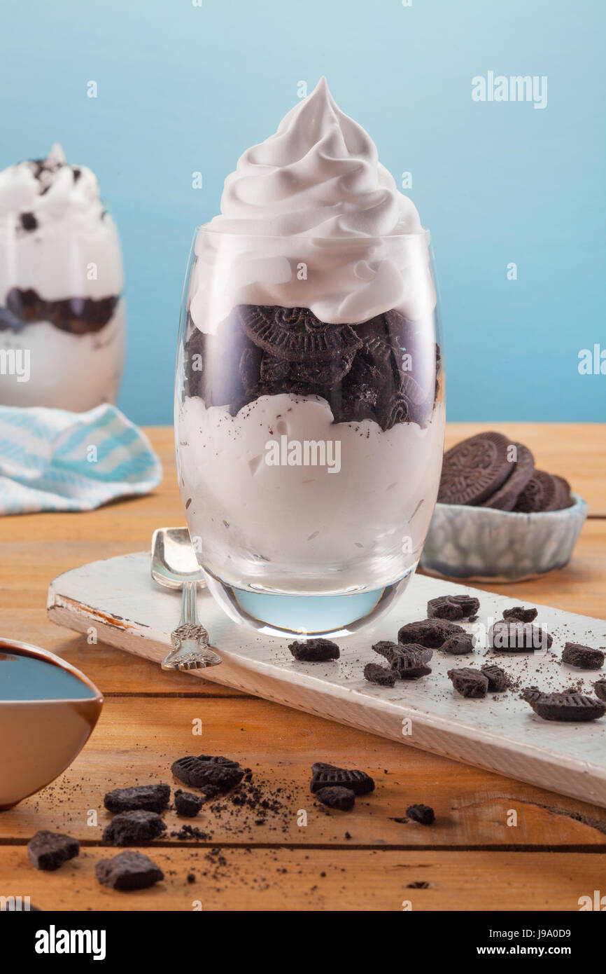 Yogourt glacé à la vanille de délicieux cookies au chocolat et crème fouettée Banque D'Images