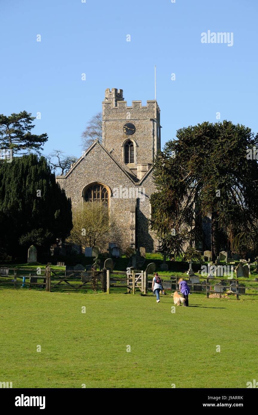 St Andrew & St Mary's Church, Watton-At-Stone, Hertfordshire, est une église en pierre de silex avec des pansements, et une tourelle d'escalier et la tour crénelée Banque D'Images