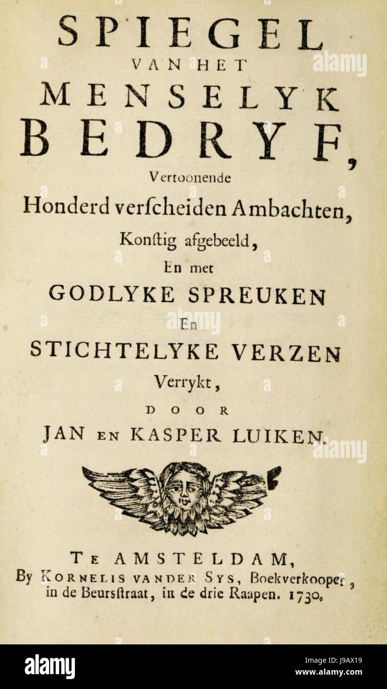 Spiegel van het menselyk bedryf en Kasper porte Jan Luiken te Amsterdam par Kornelis vander Sys dans Boekverkoper Beurstraat de 1730 Banque D'Images