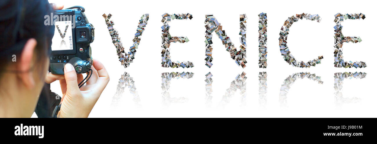 Femme, Tourisme, Venise, photo, photo, collage, cartes postales, femme, carrière, part, Banque D'Images